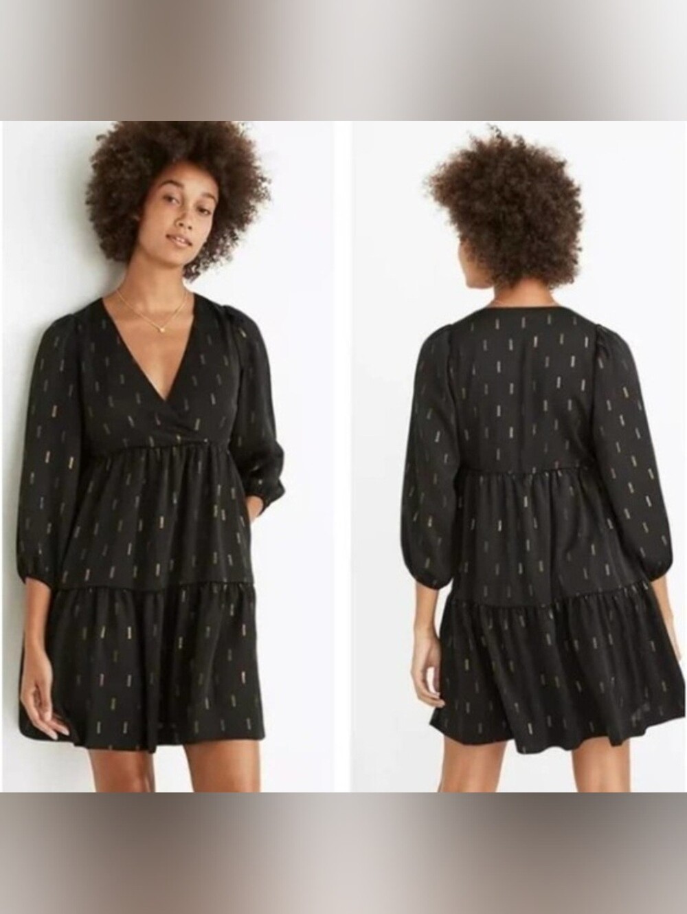 Madewell Black Tiered V‑Neck Mini Dress with Metallic Dot Detail